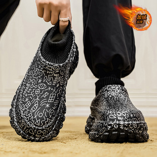 黑武士包头棉拖鞋男2026新款冬季加绒保暖涂鸦厚底增高袜子鞋棉鞋