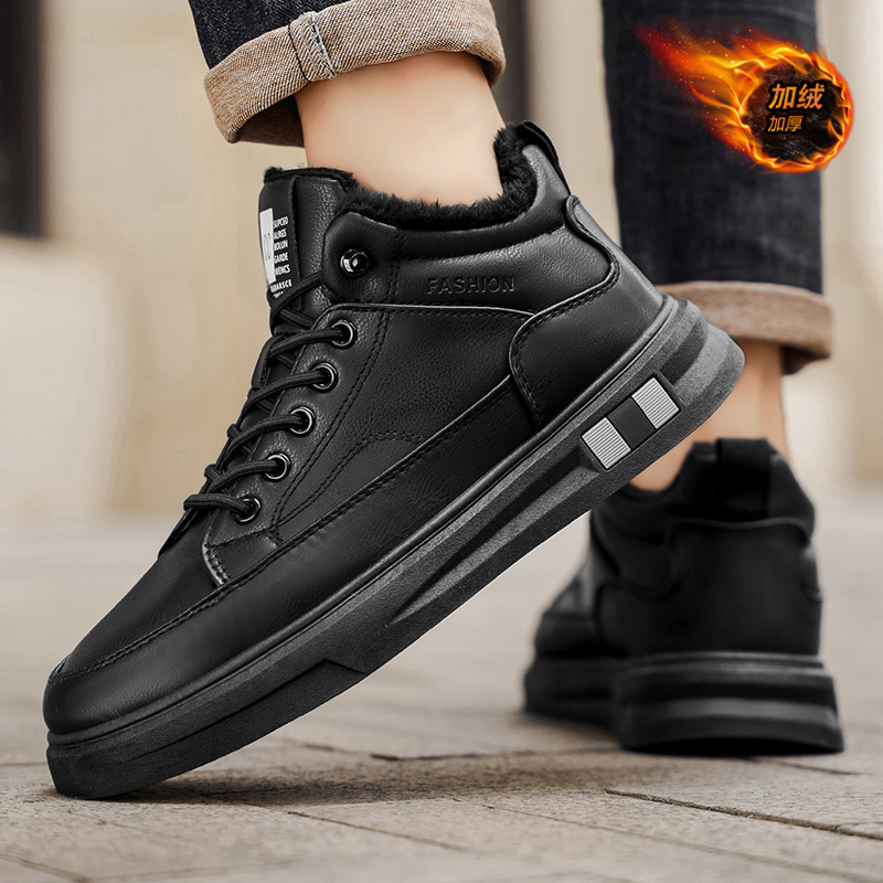 男鞋2025新款冬季加绒保暖防水防滑二棉鞋一脚蹬休闲运动黑色皮鞋
