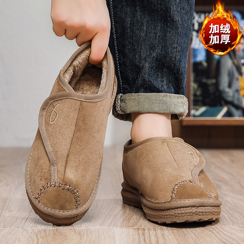 男鞋冬季加绒加厚保暖老北京棉鞋男一脚蹬防滑软底皮毛一体勃肯鞋