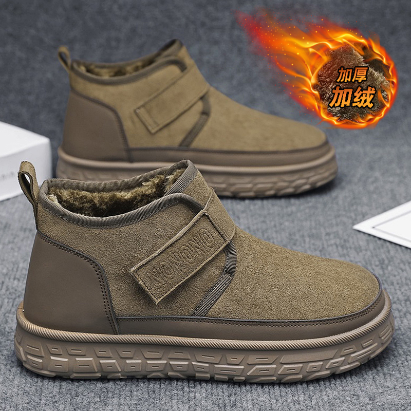 东北雪地靴男冬季懒人一脚蹬加绒保暖魔术贴面包鞋皮毛一体大棉鞋