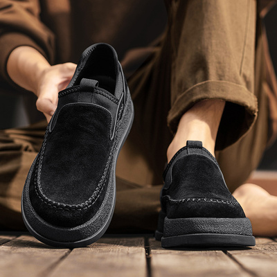 男鞋2025新款冬季复古一脚蹬休闲百搭乐福鞋男士反绒皮厚底勃肯鞋