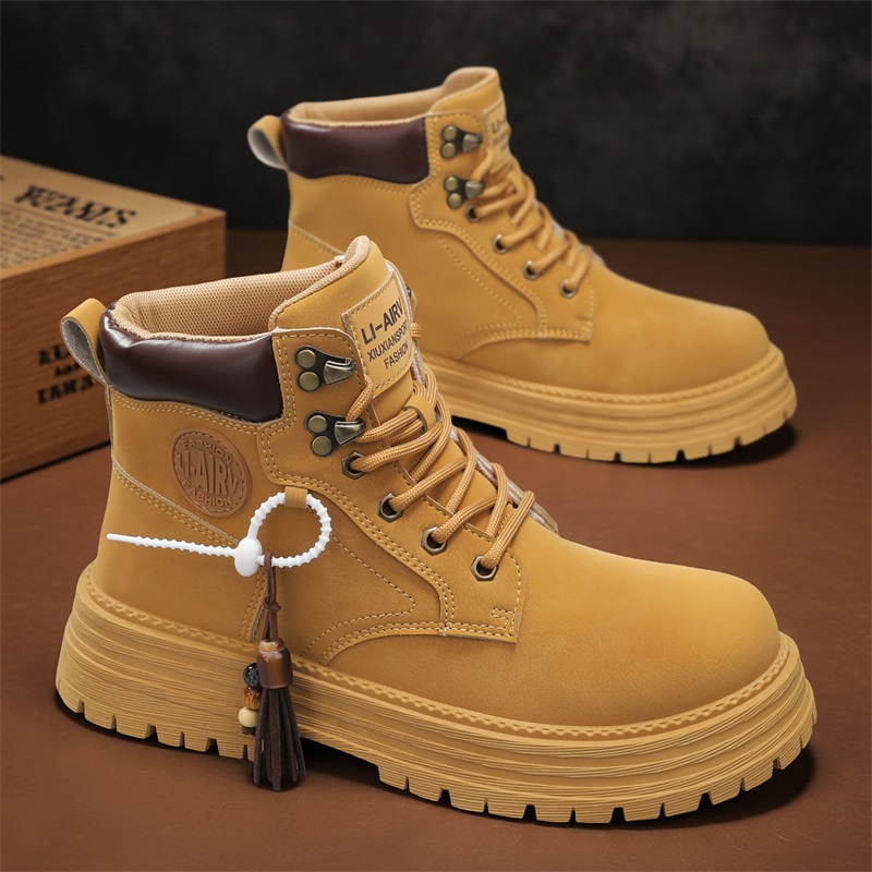 马丁靴男冬季防滑厚底英伦风休闲百搭男士登山运动高帮大黄工装靴