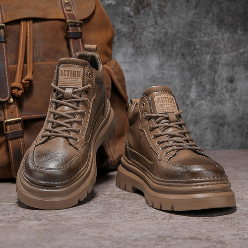 工装男鞋冬季真皮休闲2025新款板鞋男士增高皮鞋英伦风复古马丁靴