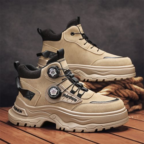 高帮男鞋2025新款冬季旋转纽扣防滑耐磨厚底工装靴男士中帮马丁靴