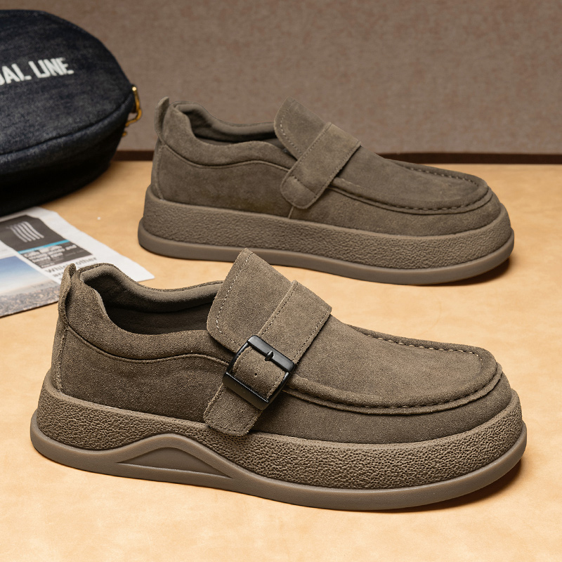 豆豆男鞋冬季翻毛皮休闲皮鞋2025新款复古懒人工作厚底舒适勃肯鞋