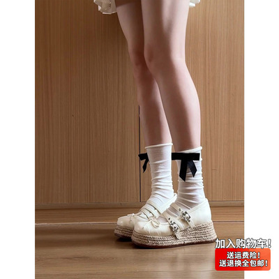Miaolv College玛丽珍鞋女夏季厚底草编绑带圆头漆皮浅口单鞋女士