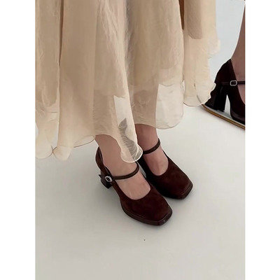 Miaolv College防水台高跟鞋女粗跟2026新款一字扣方头气质单鞋子