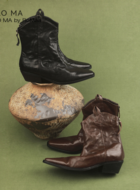 ROROMA 意大利进口胎牛皮DETAIL艺术质感手抓皱纹理粗跟西部短靴