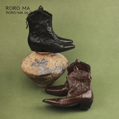 ROROMA 意大利进口胎牛皮DETAIL艺术质感手抓皱纹理粗跟西部短靴