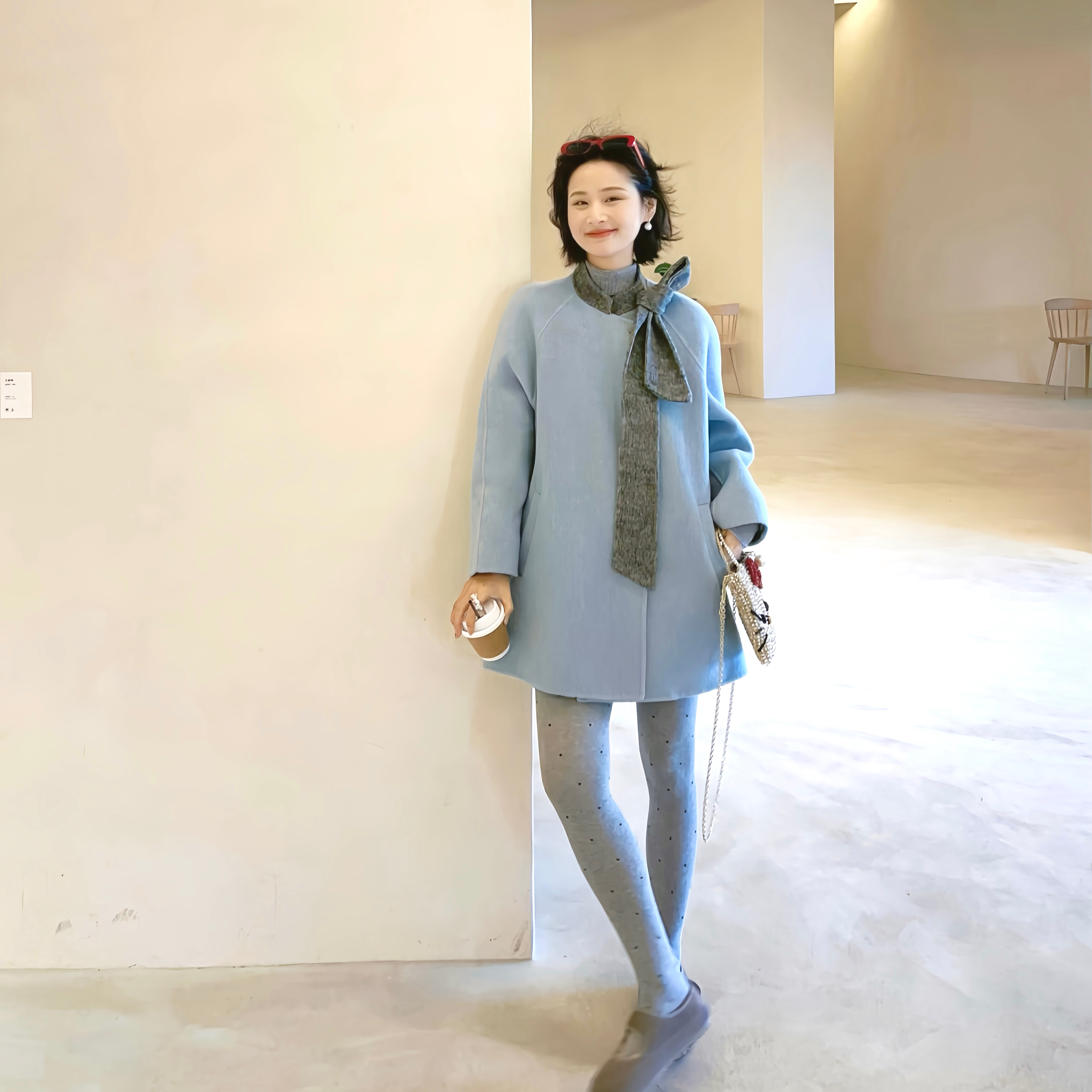 “悉尼旧事”韩系温柔蓝色羊毛大衣2025冬季新款A字短款毛呢外套