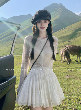 QIAN 韩系清冷微透针织开衫温柔纯欲百搭显瘦慵懒风针织上衣外套