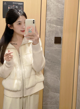 lp韩系温柔风白色环保皮草毛毛外套2025新款针织拼接短款棉服外套
