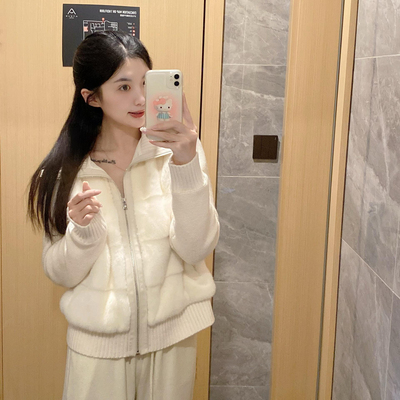 lp韩系温柔风白色环保皮草毛毛外套2025新款针织拼接短款棉服外套