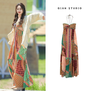 桃花坞蔡文静同款法式复古挂脖连衣裙波西米亚度假风显瘦仙女长裙