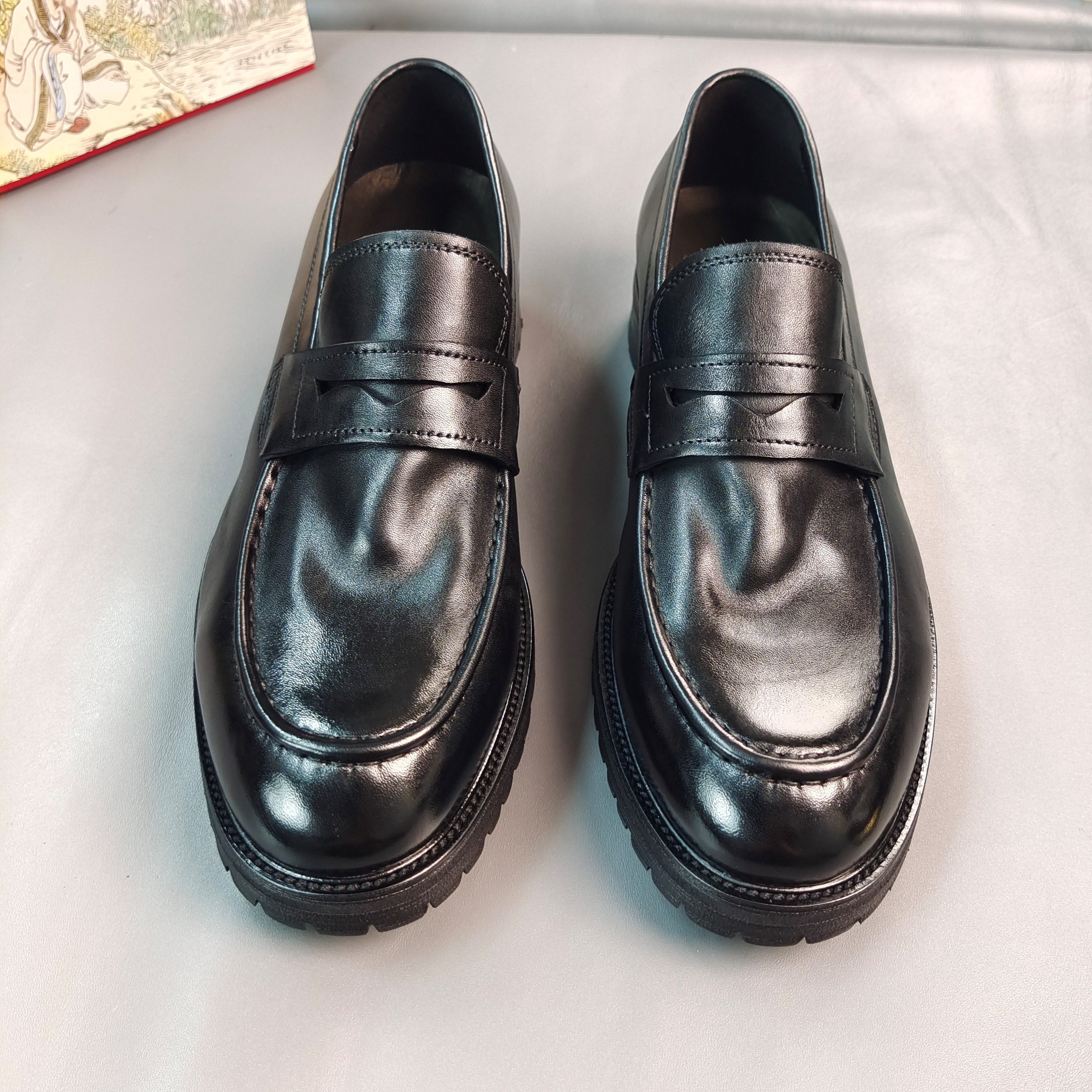 新款水洗马皮复古厚底皮鞋男士英伦风一脚蹬商务休闲百搭乐福鞋