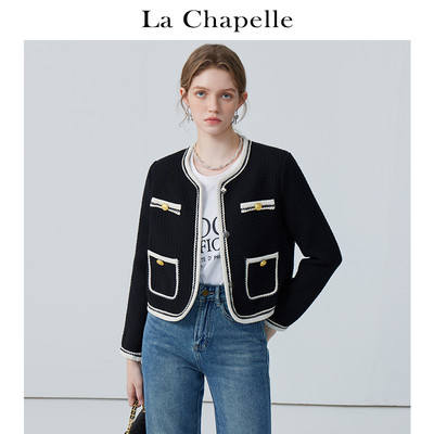 拉夏贝尔/La Chapelle撞色圆领小香风外套女气质法式小众黑色开衫