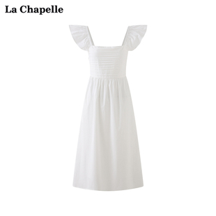 纯色压褶方领小飞袖 拉夏贝尔 Chapelle法式 系带收腰连衣裙夏季
