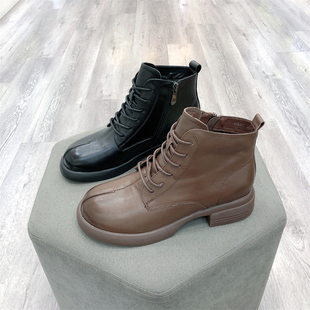 冰洁2023秋冬新款女鞋真皮圆头系带侧拉链低粗跟舒适马丁靴68087