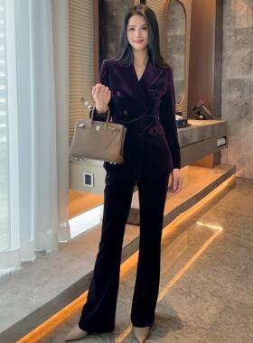 深紫色双排扣高智感丝绒西装套装年会活动气质喇叭裤修身西服