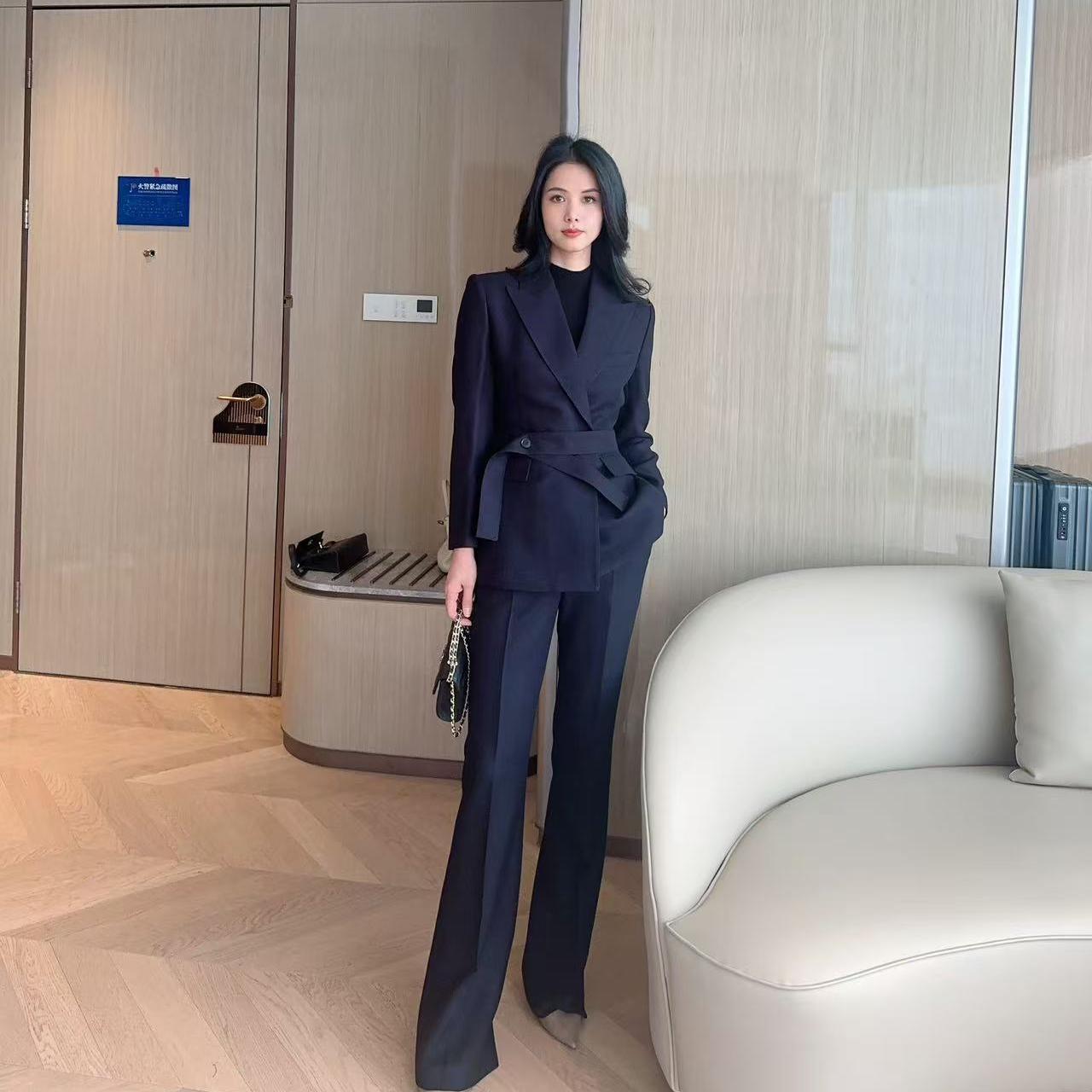 深藏青双排扣束腰西装套装女新款秋冬高级感女神范职业正装西服