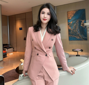 春季新款藕粉色不规则设计师款修身西装职场西装套装女
