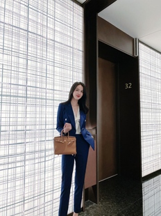 套装 职业西装 女工作服 藏青蓝双排扣修身 新款