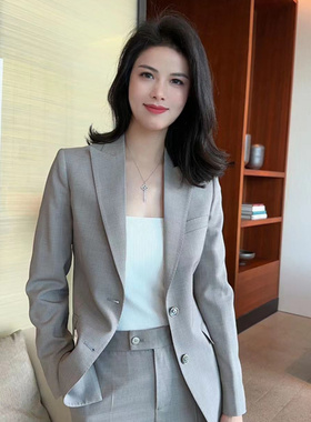 石灰色夏款半里衬西服套装职业单排扣女士西装套装九分裤长袖修身
