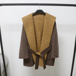 欧洲站高级感拼色羊毛大衣连帽外套系带收腰显瘦气质减龄短款