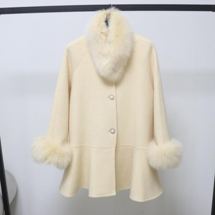 欧洲站羊毛双面呢中长款裙摆带狐狸毛领围脖带狐狸毛25秋冬款外套