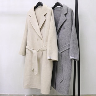 欧洲站秋冬新款高端长款灰色双面羊绒大衣女双排扣系带羊毛呢外套