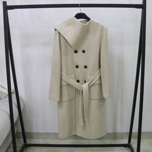 呢外套女 时尚 秋冬新款 复古风大围巾领系带双面羊毛呢大衣中长款