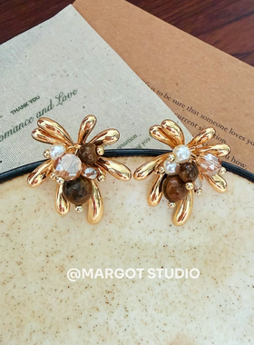 Margot手作金属花朵造型耳环女水钻珍珠金色耳饰时尚百搭耳钉耳夹