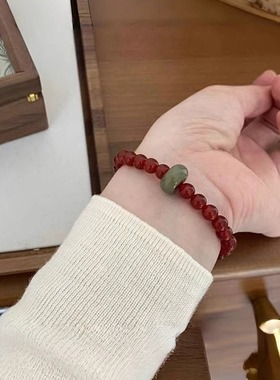 Margot手作本命年红玛瑙手串和田玉跑环红绿撞色圆珠手链小众饰品