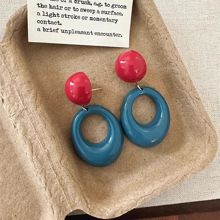 复古港风红蓝撞色耳环