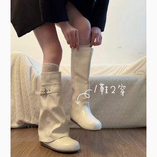 白色平底内增高靴子女长筒靴2026新款秋季复古韩系两穿骑士裤管靴