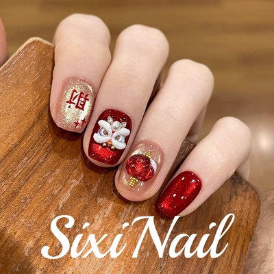 宫灯醒狮新年款猫眼纯手工穿戴甲高级显白短款指甲美甲贴片假指甲