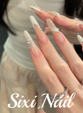 五角星锆石纯手工穿戴甲白色飘带法式长款气质纯欲美甲贴片假指甲