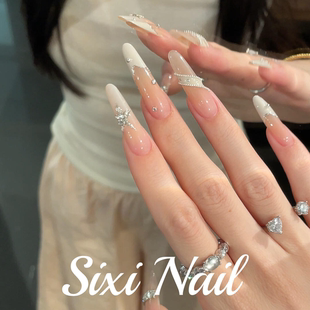 五角星锆石纯手工穿戴甲白色飘带法式 气质纯欲美甲贴片假指甲 长款