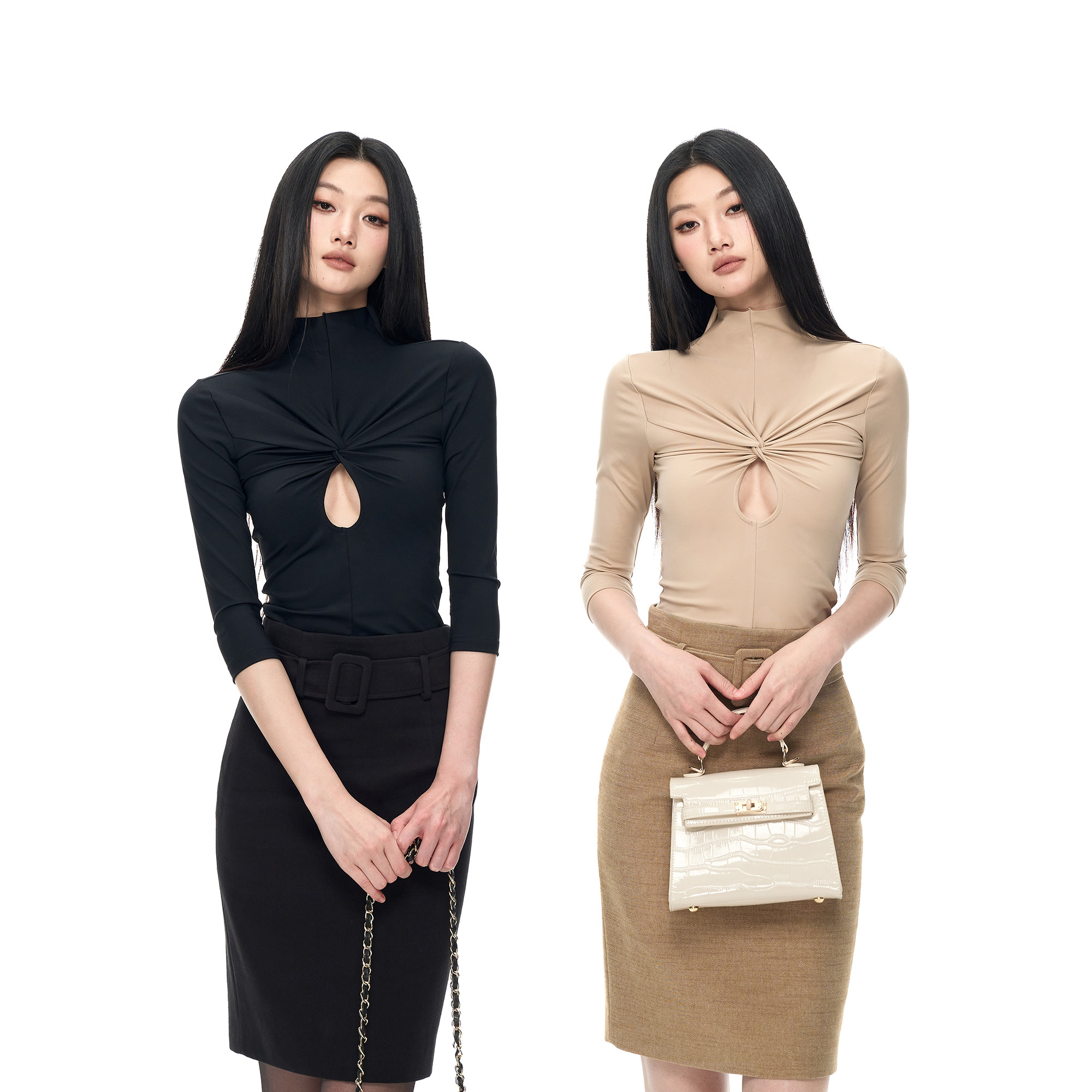 PEMPL 亲肤修身高弹半高领扭结镂空半袖打底上衣女绑带包臀半身裙