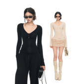 PEMPL 上衣女纯色亲肤V领内搭针织衫 前中抽褶纽扣修身 弹力打底衫