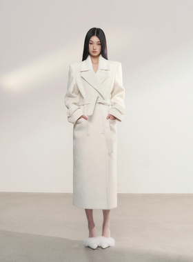PEMPL 正肩西装领垫肩系带收腰毛呢外套女宽松白色中长款呢子大衣