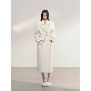 PEMPL 正肩西装领垫肩系带收腰毛呢外套女宽松白色中长款呢子大衣