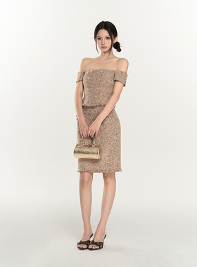 PEMPL留洋千金 一字肩粗花呢双排扣毛边小香风上衣包臀中裙两件套