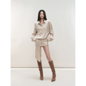 PEMPL 卡其色宽松飘带竖条纹衬衫 裙女缎面拼接性感辣妹包臀连衣裙