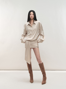 PEMPL 卡其色宽松飘带竖条纹衬衫裙女缎面拼接性感辣妹包臀连衣裙