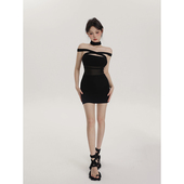 PEMPL 挂脖一字肩交叉绑带羊毛针织连衣裙女夏新款 打底裙包臀短裙