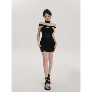 PEMPL 挂脖一字肩交叉绑带羊毛针织连衣裙女夏新款打底裙包臀短裙