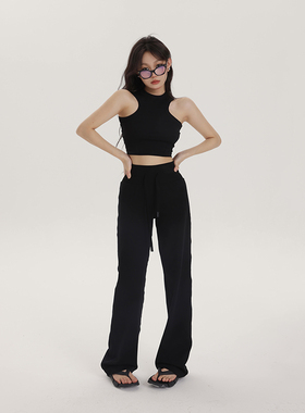 PEMPL 休闲裤女做减法自在感舒适春夏高腰宽松直筒裤运动拖地裤子