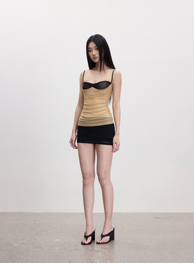 PEMPL·透气呼吸感网纱褶皱撞色设计感吊带连衣裙修身弹力包臀裙