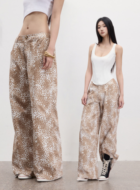 PEMPL·秋季新款流行时尚豹纹直筒阔腿裤低腰工装裤休闲宽松长裤